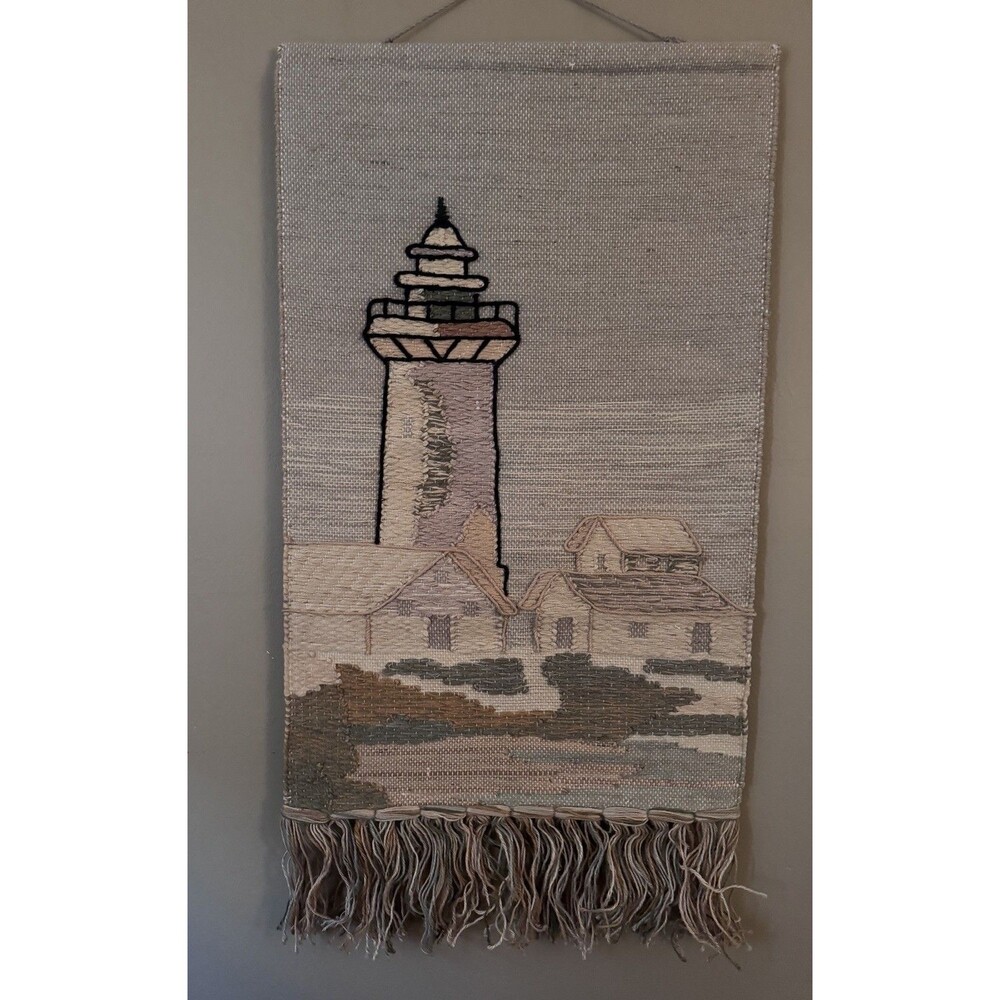 Woven Jute Lighthouse Wall Hanging From India 47”x24” Fringe